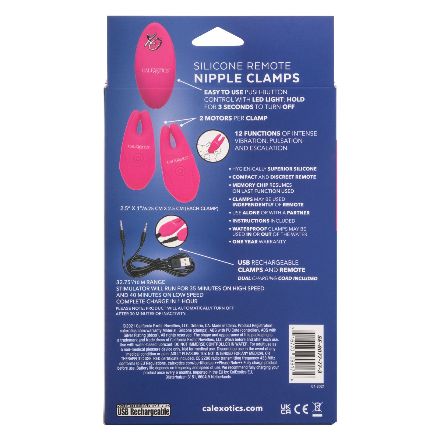 Silicone Remote Rechargeable Nipple Clamps - Pink