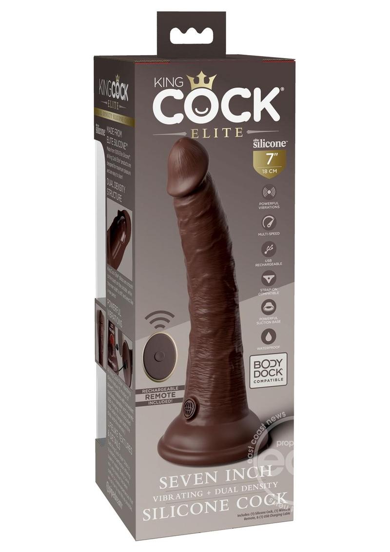 King Cock Elite Dual Density Vibrating Rechargeable Silicone with Remote Control Dildo 7in - Chocolate