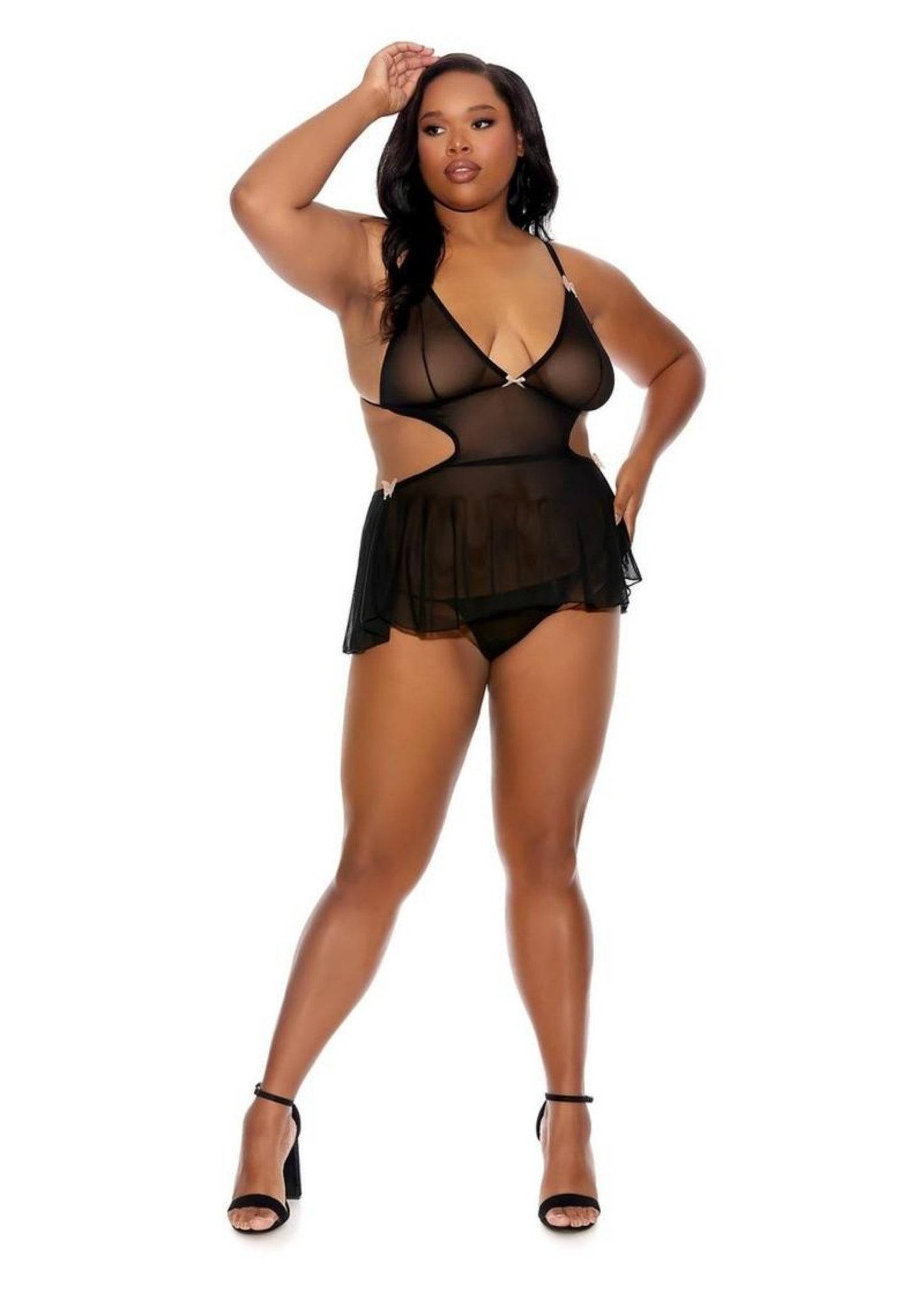 Barely Bare Tie-Back Baby Doll Teddy & Thong - Plus Size - Black
