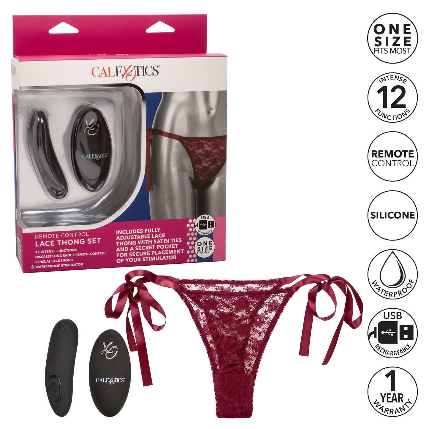 Remote Control Rechargeable Lace Thong Set - Red