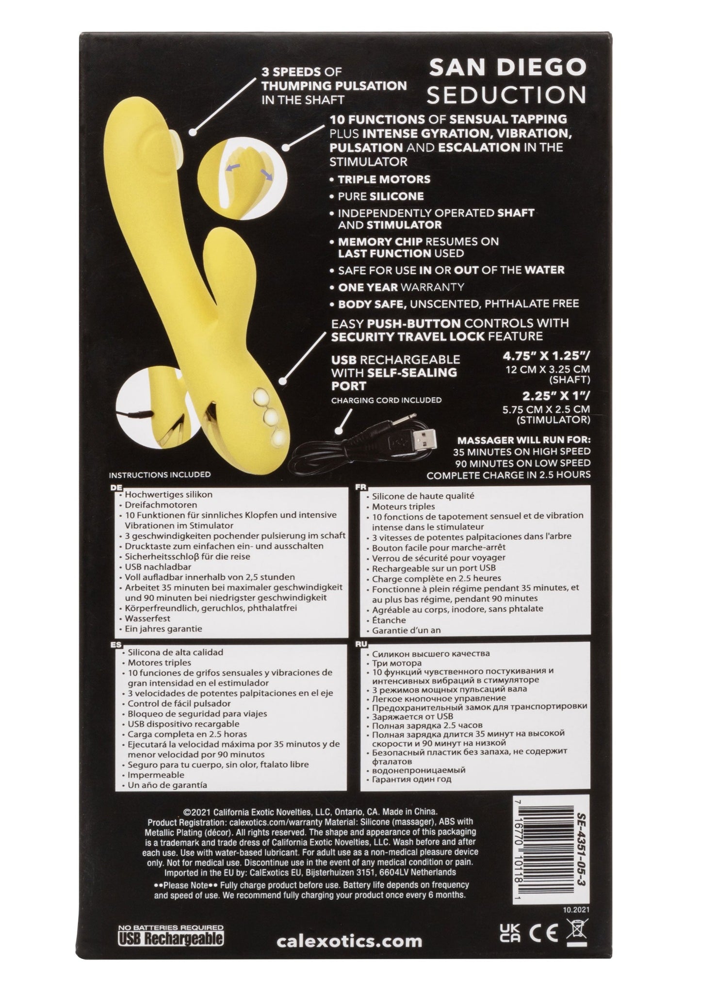 California Dreaming San Diego Seduction Rechargeable Silicone Rabbit Vibrator - Yellow