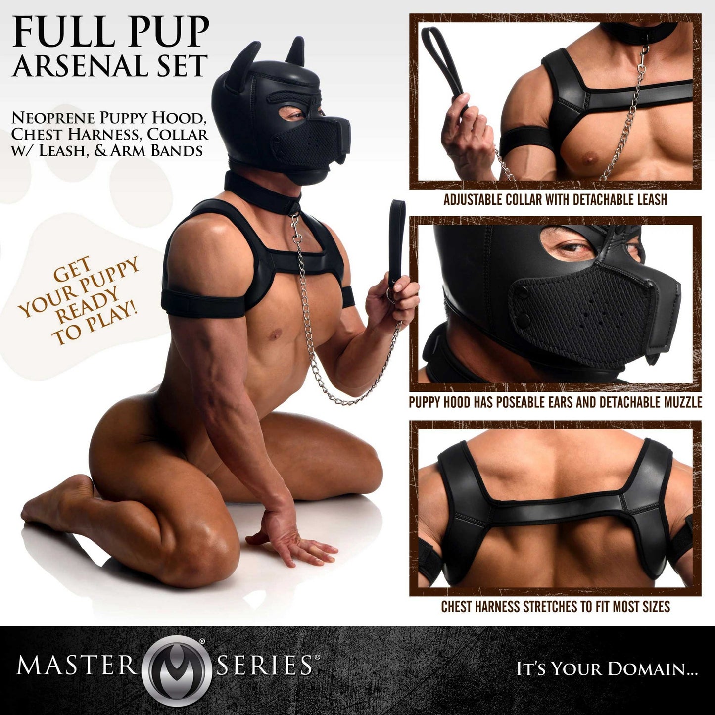 Master Series Full Pup Arsenal Set Neoprene Puppy Hood, Chest Harness, Collar with Leash and Arm Bands - Black