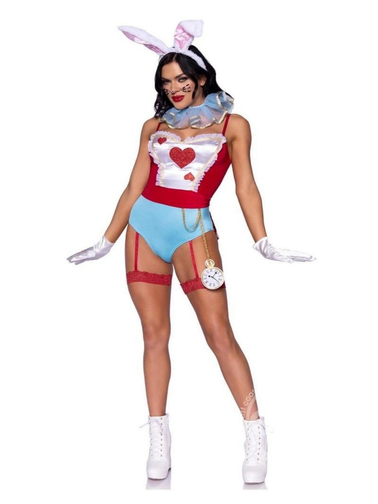 Leg Avenue Wonderland White Rabbit Snap Crotch Garter Bodysuit with Glitter Heart...