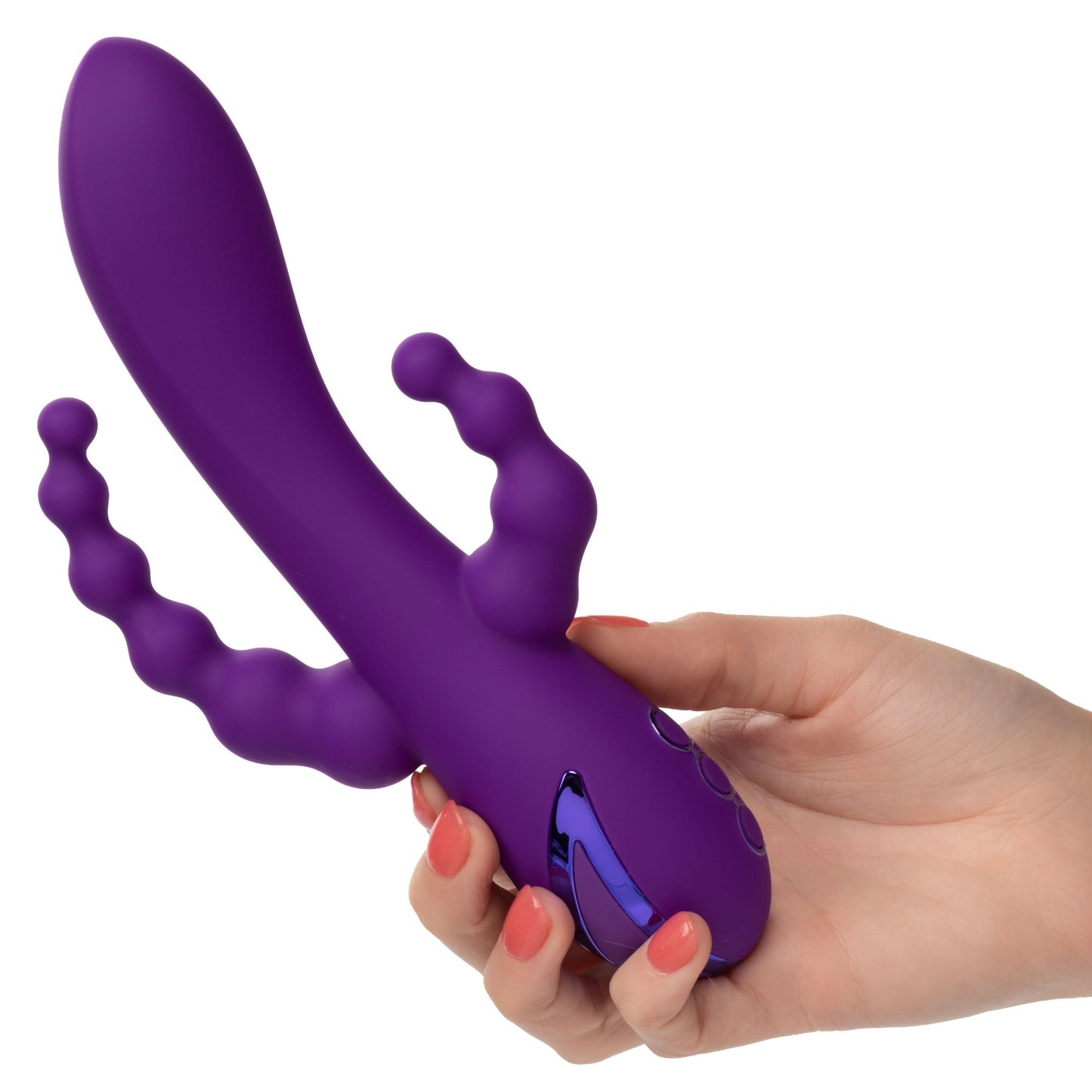 California Dreaming Long Beach Bootylicious Rechargeable Silicone Dual Penetrating Rabbit Vibrator - Purple