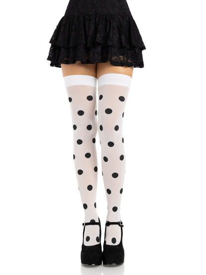 Dotty Polka Dot Opaque Thigh Highs - One Size - White/Black