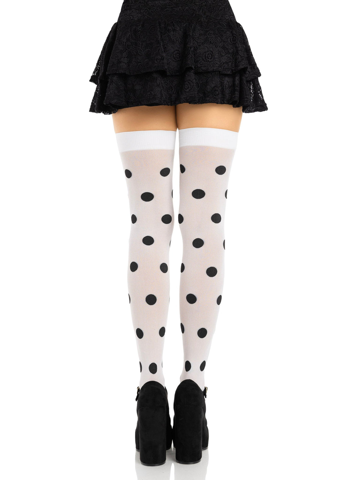 Dotty Polka Dot Opaque Thigh Highs - One Size - White/Black