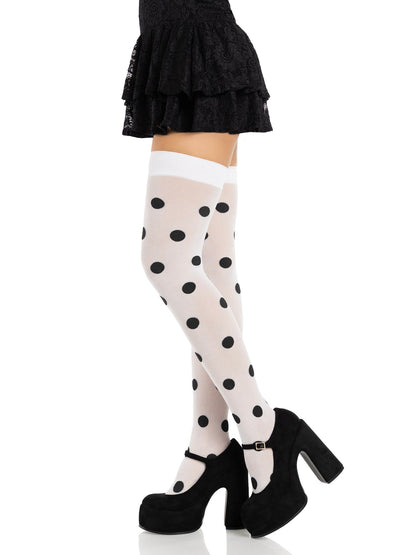 Dotty Polka Dot Opaque Thigh Highs - One Size - White/Black