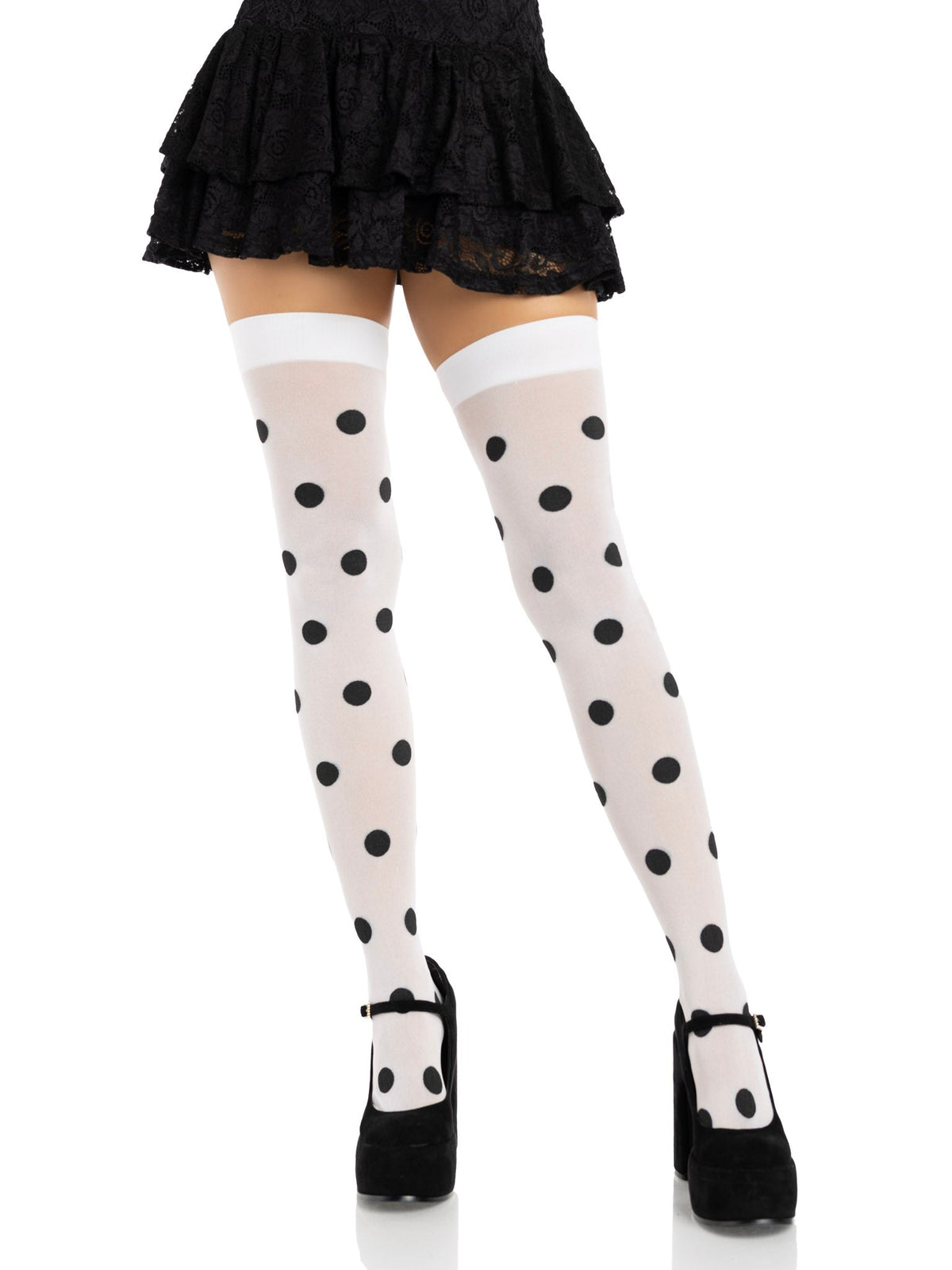 Dotty Polka Dot Opaque Thigh Highs - One Size - White/Black
