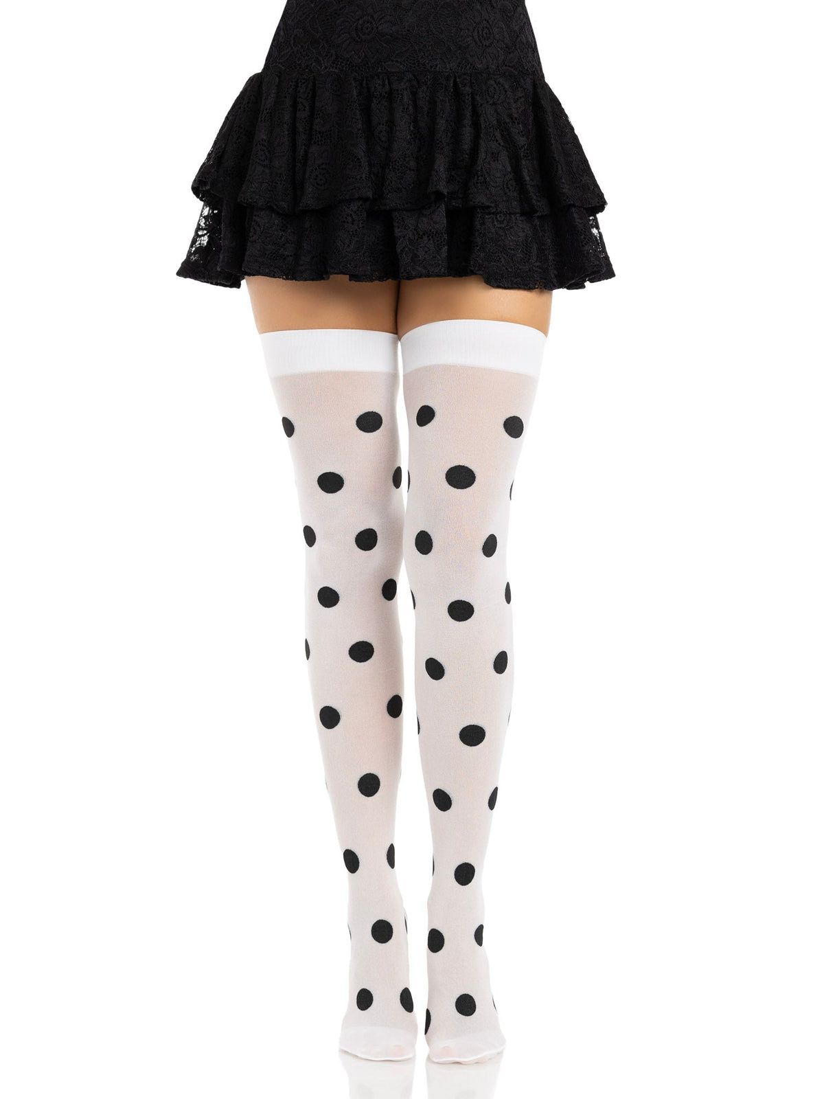 Dotty Polka Dot Opaque Thigh Highs - One Size - White/Black