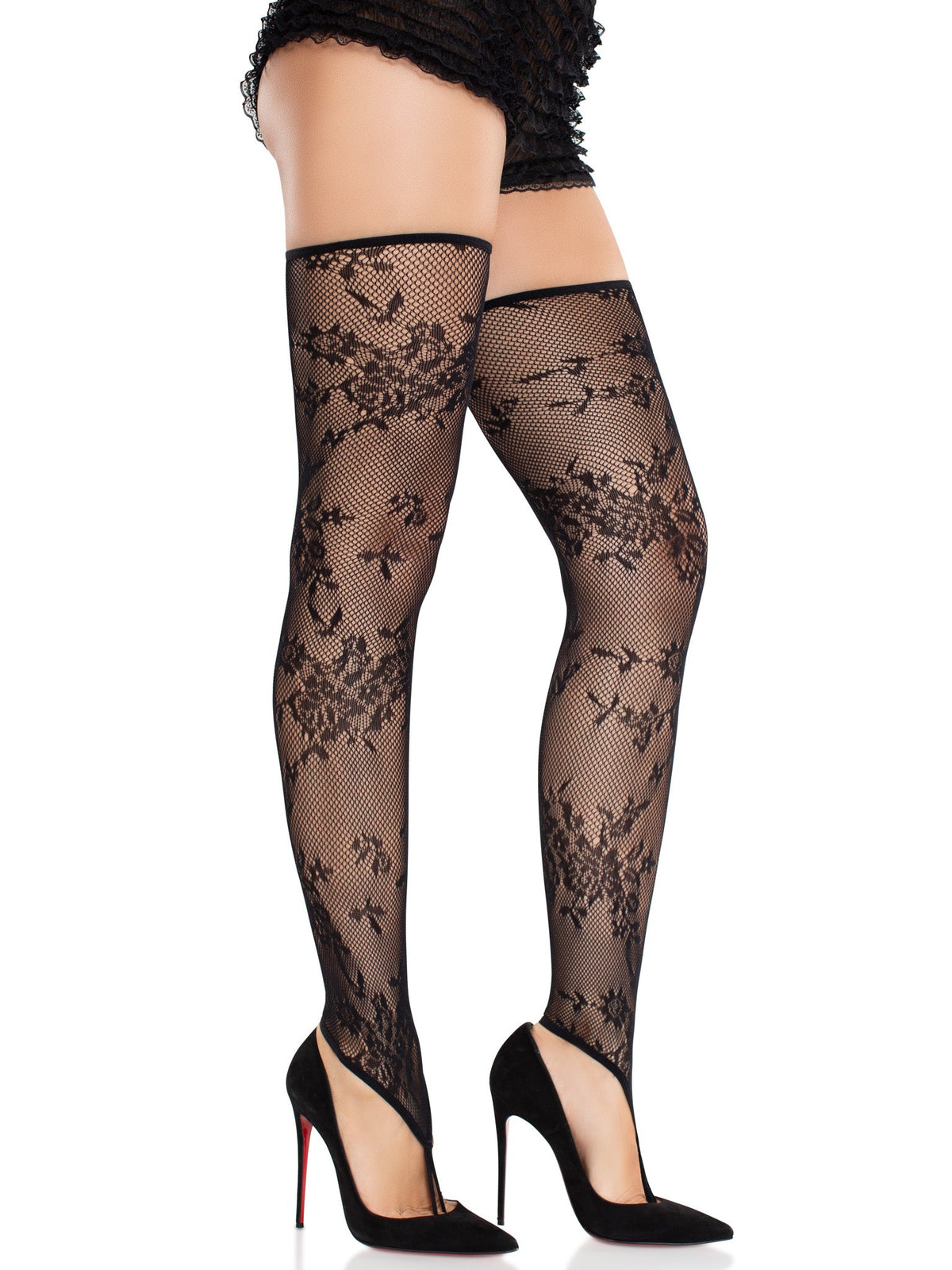 Zenya Floral Lace Toe Loop Footless Thigh Highs - One Size - Black