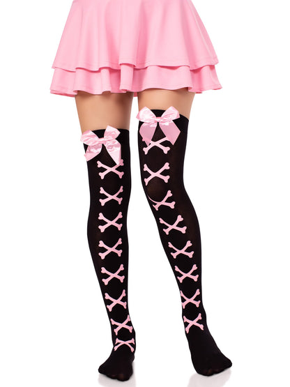 Crossbone Opaque Thigh Highs - One Size - Black/Pink