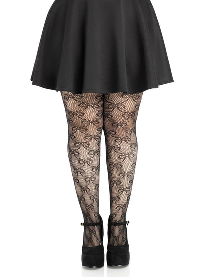 Plus Bow Net Tights - 1x 2x - Black