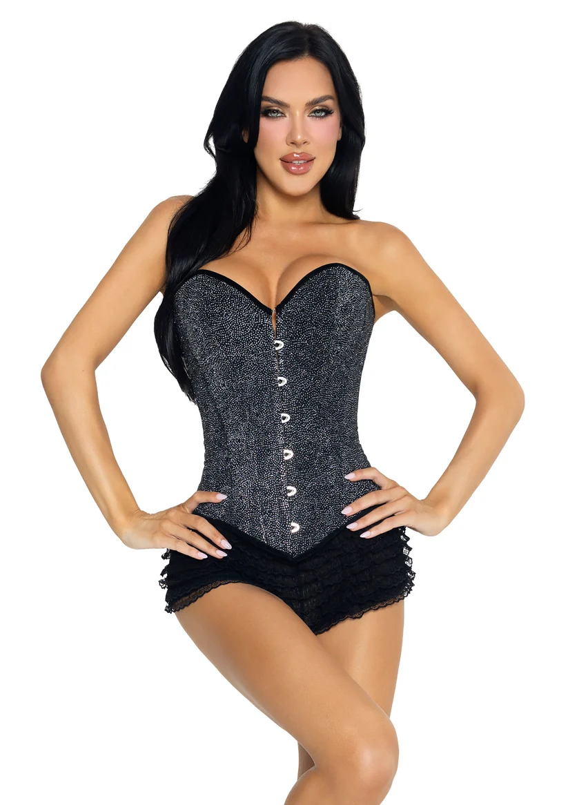 Glitter Boned Corset With Busk Closer and Lace-Up Back Black Small