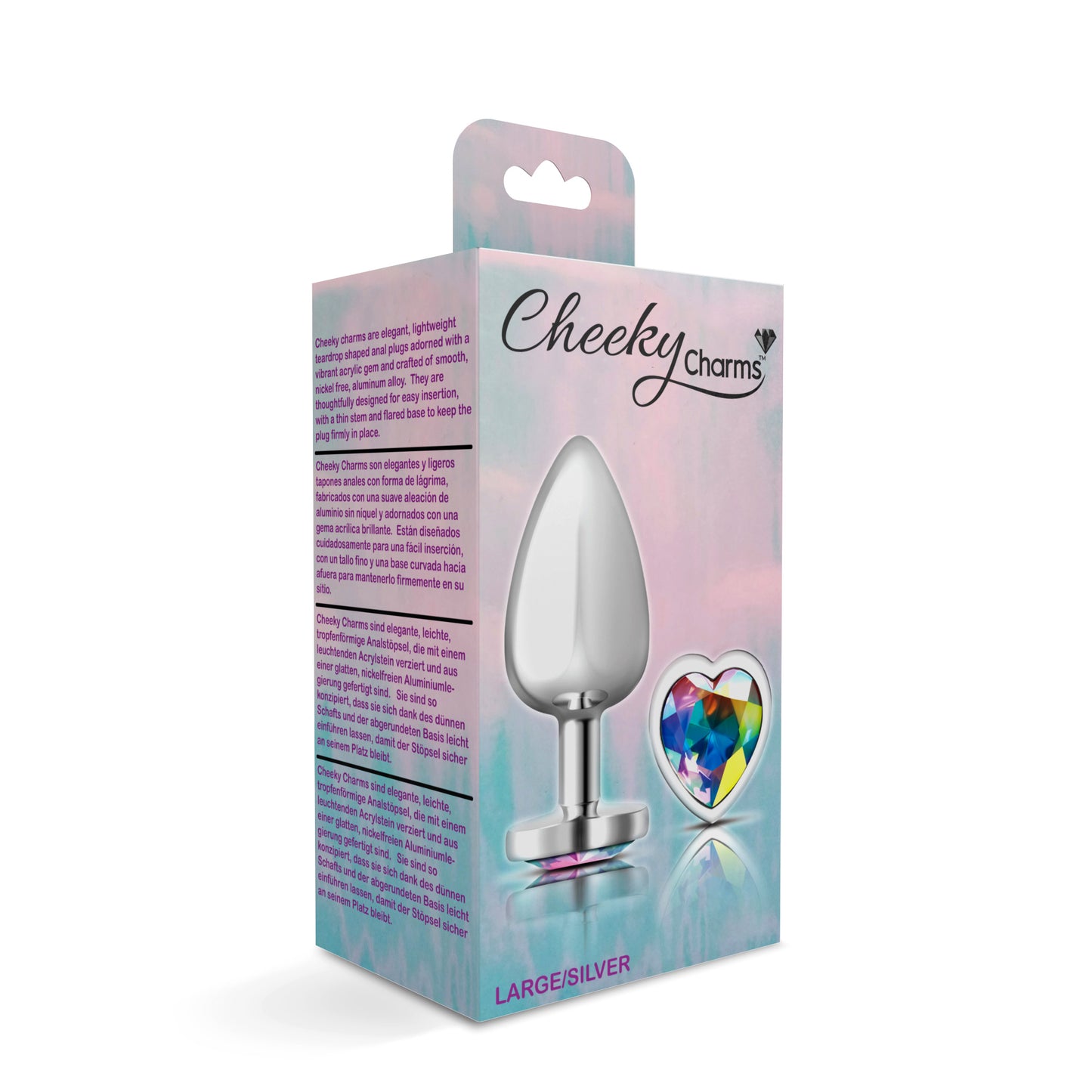 Clear Iridescent Heart Gem Silver Metal Plug - Lg