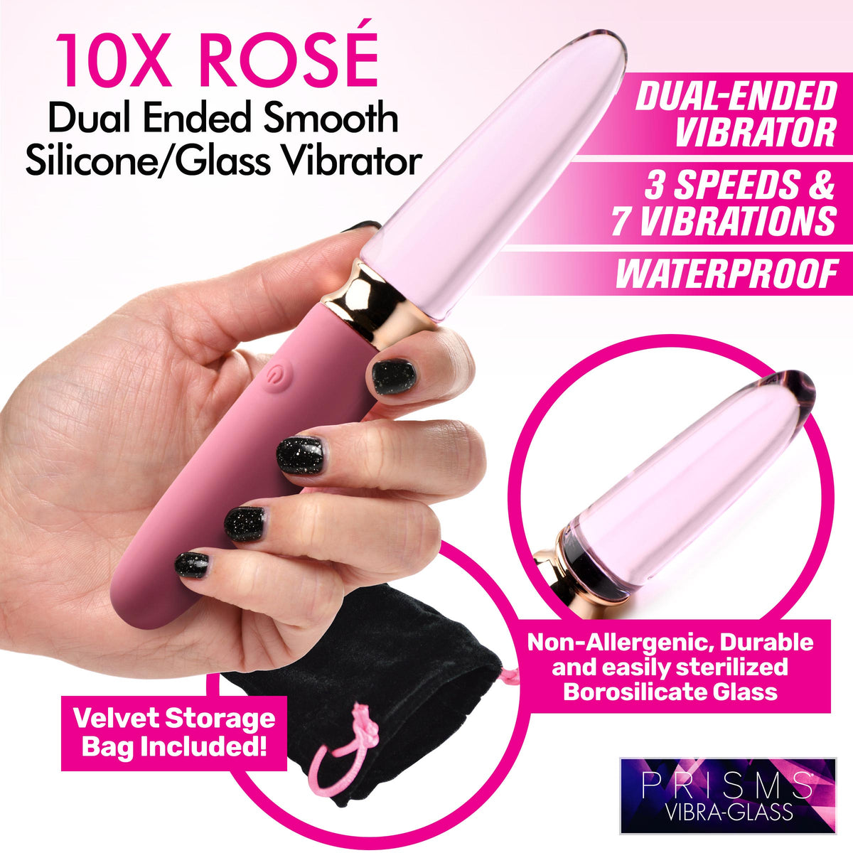 10X RosÃ© Dual Ended Smooth Silicone and Glass Vibrator