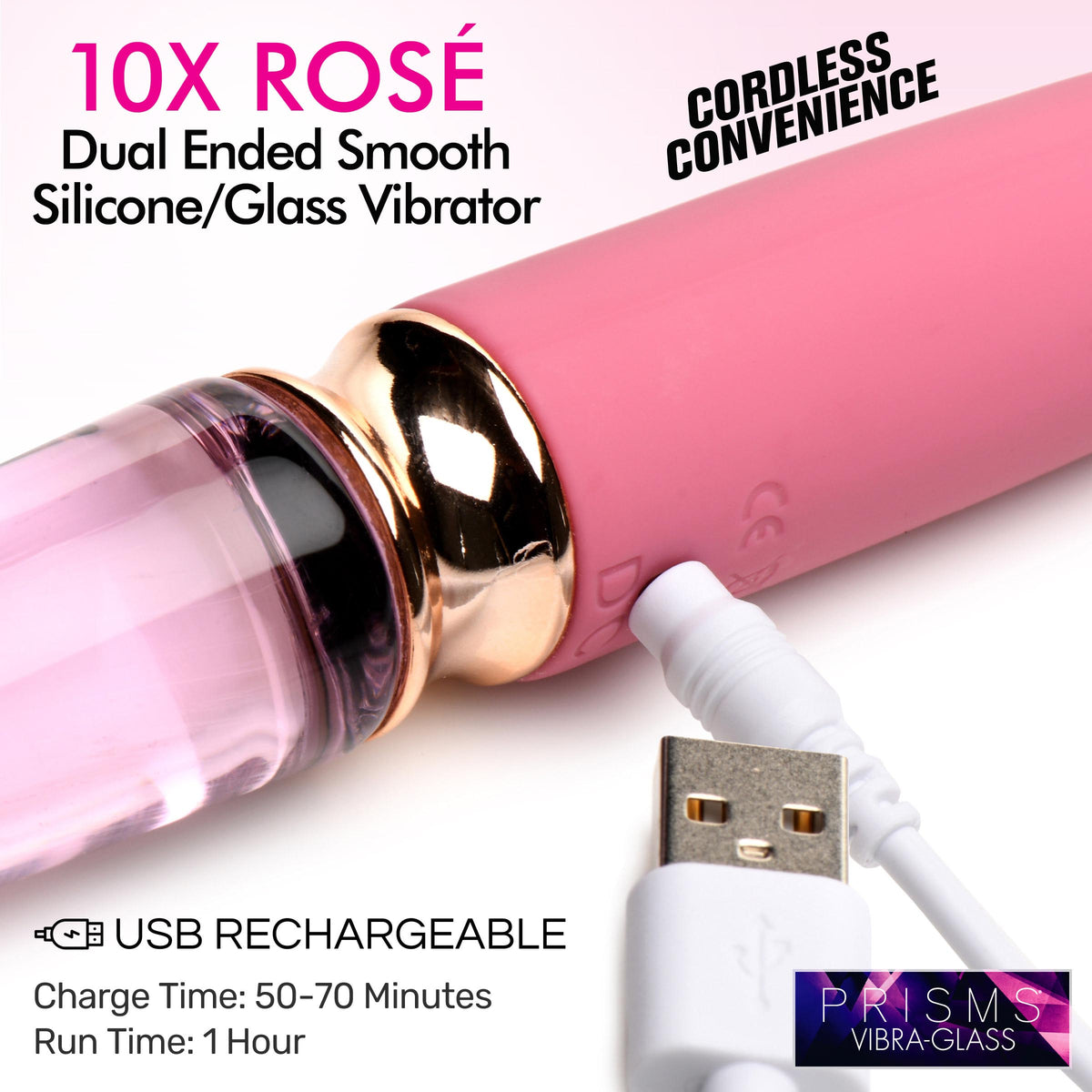 10X RosÃ© Dual Ended Smooth Silicone and Glass Vibrator
