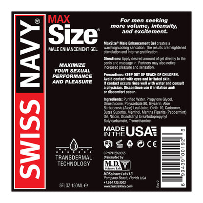 Swiss Navy Max Size Male Enhancement Gel 5 Fl Oz