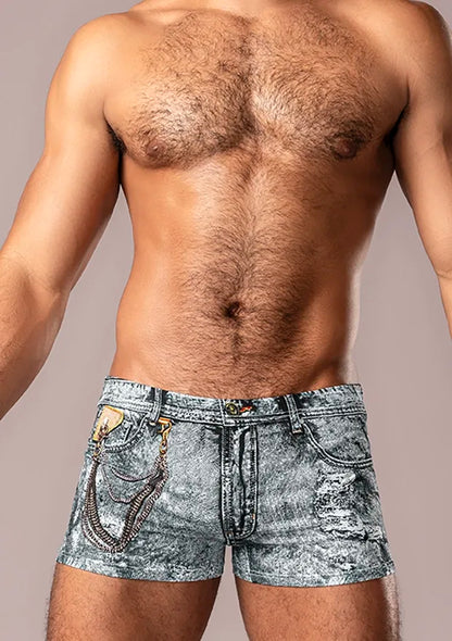 Male Power Dirty Denim Mini Short - Denim Print