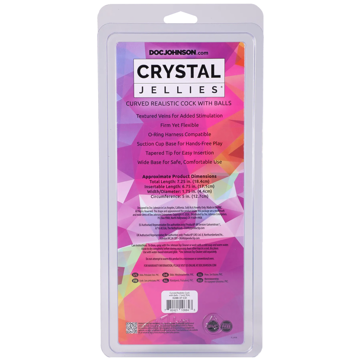 Crystal Jellies - Curved Realistic Cock With Balls - 7 Inch Pink